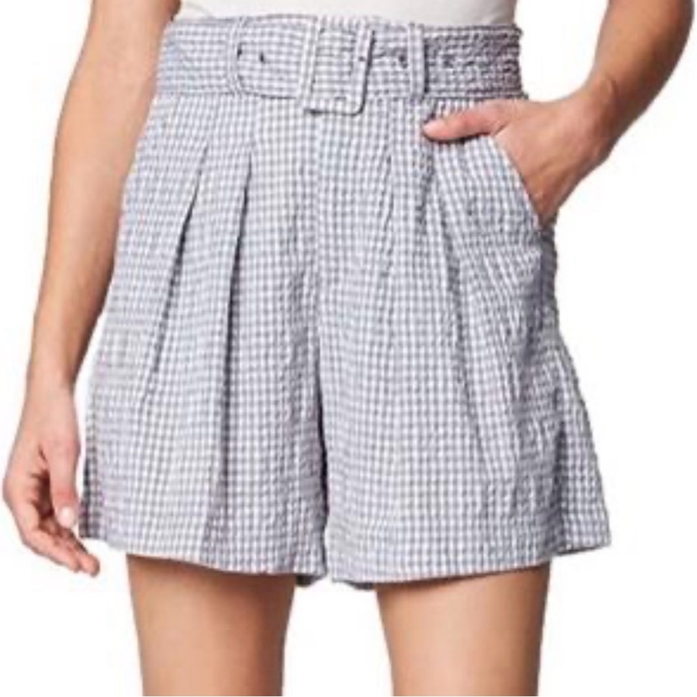 Blank NYC Gingham Seersucker High Waisted Belted Shorts in gray and white 28